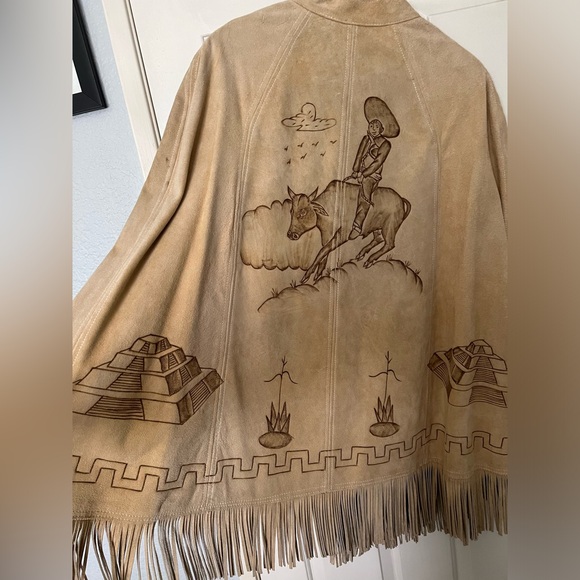 Vintage Leather Suede Fringe Poncho Cape - Picture 2 of 3